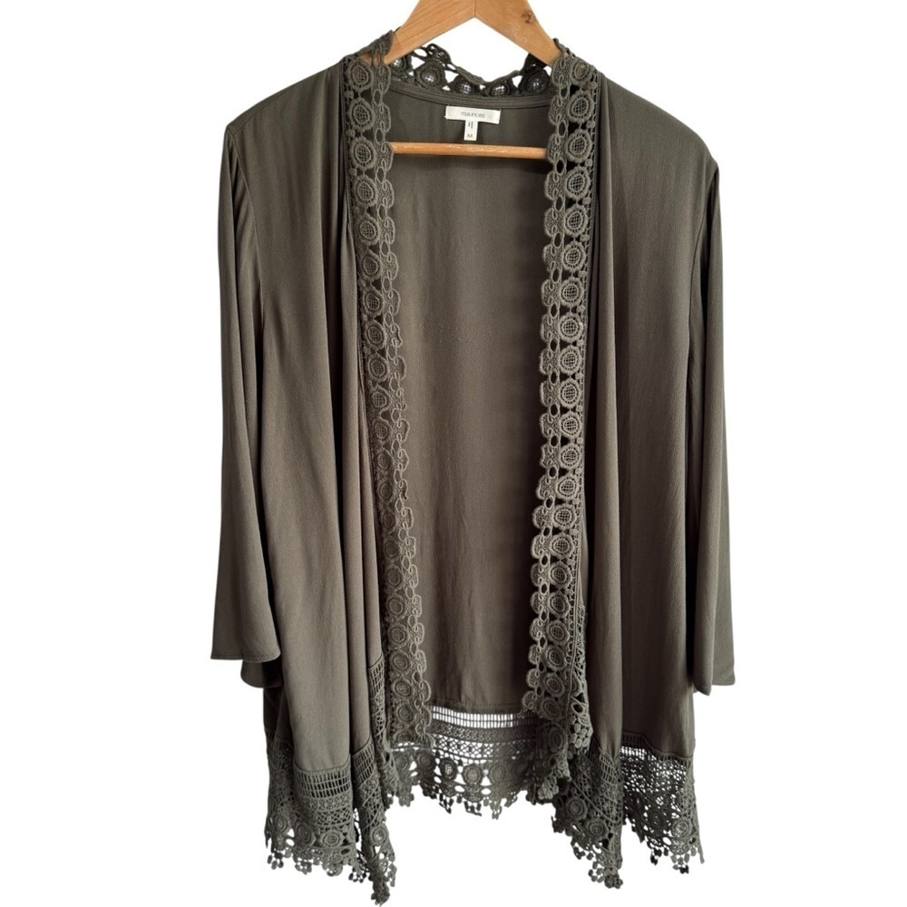 Maurices Olive Green Kimono Top Sz M Crochet Hem Boho Cover Layer Open Front EUC